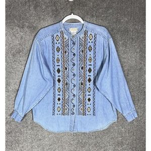 Vintage Sigrid Olsen Sport Aztec Southwest Denim Shirt Womens‎ Size Large Blue
